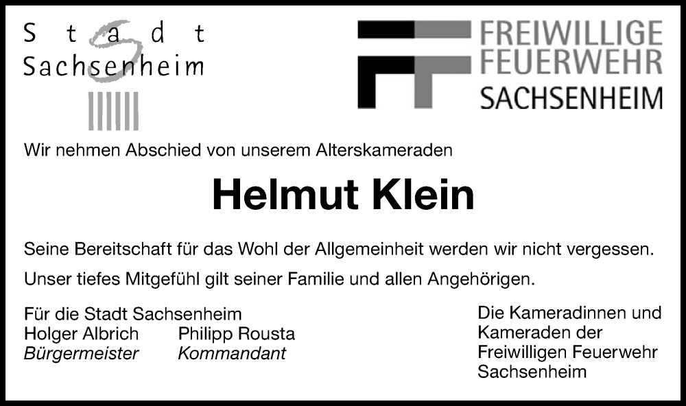  Traueranzeige für Helmut Klein vom 14.01.2026 aus Bietigheimer Zeitung