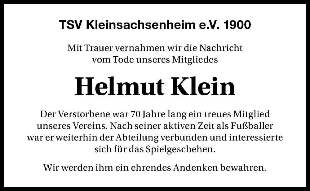  Traueranzeige für Helmut Klein vom 16.01.2026 aus Bietigheimer Zeitung