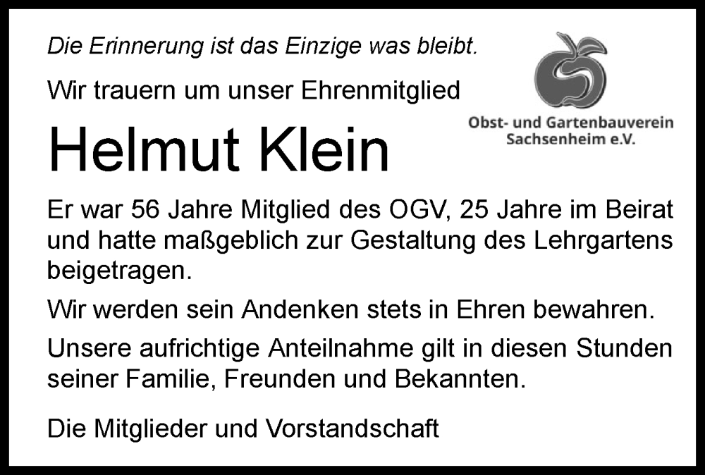  Traueranzeige für Helmut Klein vom 14.01.2026 aus Bietigheimer Zeitung