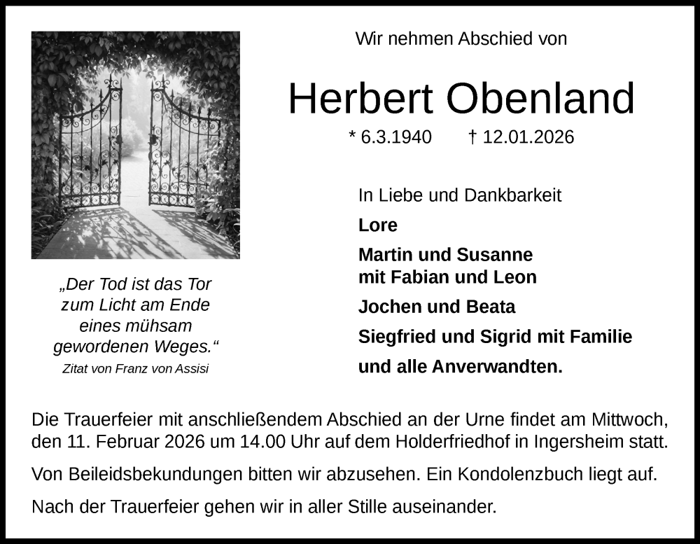  Traueranzeige für Herbert Obenland vom 24.01.2026 aus Bietigheimer Zeitung