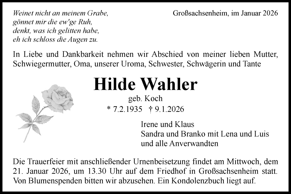  Traueranzeige für Hilde Wahler vom 16.01.2026 aus Bietigheimer Zeitung