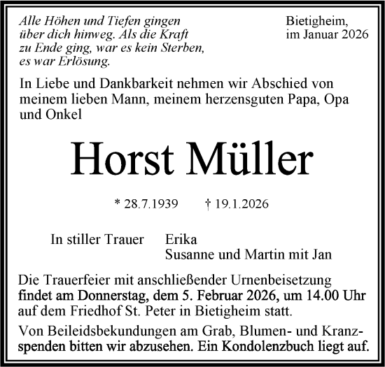 Traueranzeige von Horst Müller von Bietigheimer Zeitung