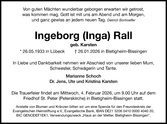 Traueranzeige von Ingeborg Rall von Bietigheimer Zeitung
