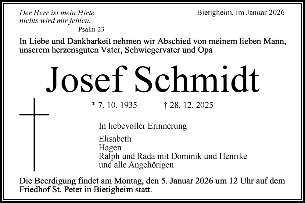  Traueranzeige für Josef Schmidt vom 02.01.2026 aus Bietigheimer Zeitung