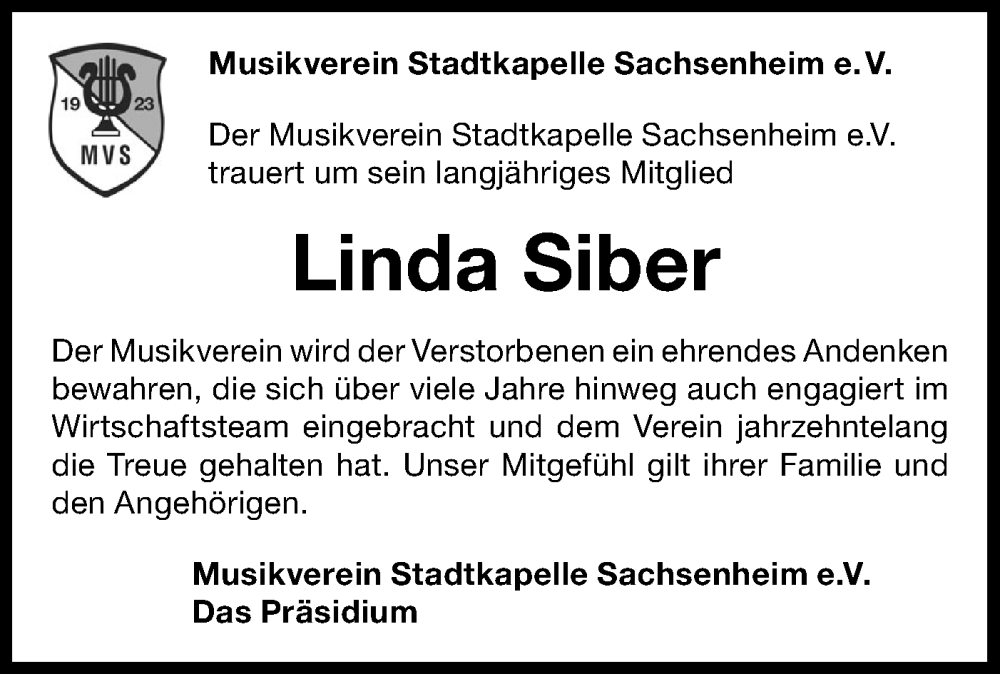  Traueranzeige für Linda Siber vom 27.01.2026 aus Bietigheimer Zeitung