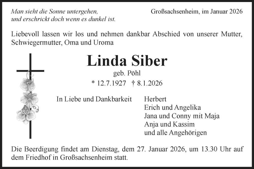  Traueranzeige für Linda Siber vom 21.01.2026 aus Bietigheimer Zeitung