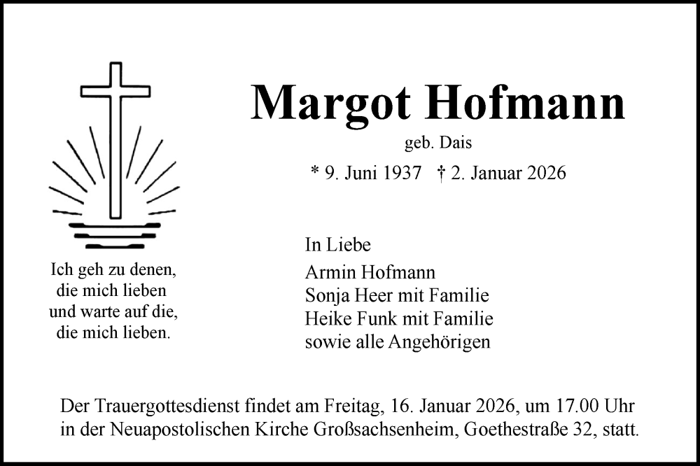  Traueranzeige für Margot Hofmann vom 10.01.2026 aus Bietigheimer Zeitung