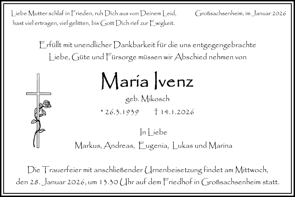 Traueranzeige für Maria Jvenz vom 23.01.2026 aus Bietigheimer Zeitung