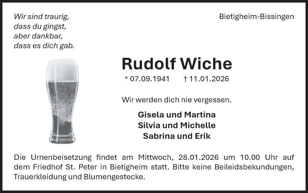  Traueranzeige für Rudolf Wiche vom 24.01.2026 aus Bietigheimer Zeitung