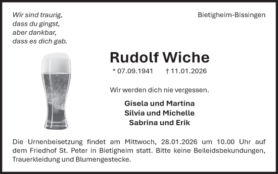 Traueranzeige von Rudolf Wiche von Bietigheimer Zeitung