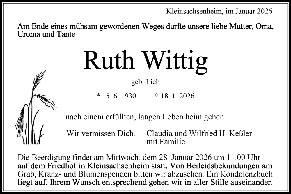 Traueranzeige für Ruth Wittig vom 22.01.2026 aus Bietigheimer Zeitung