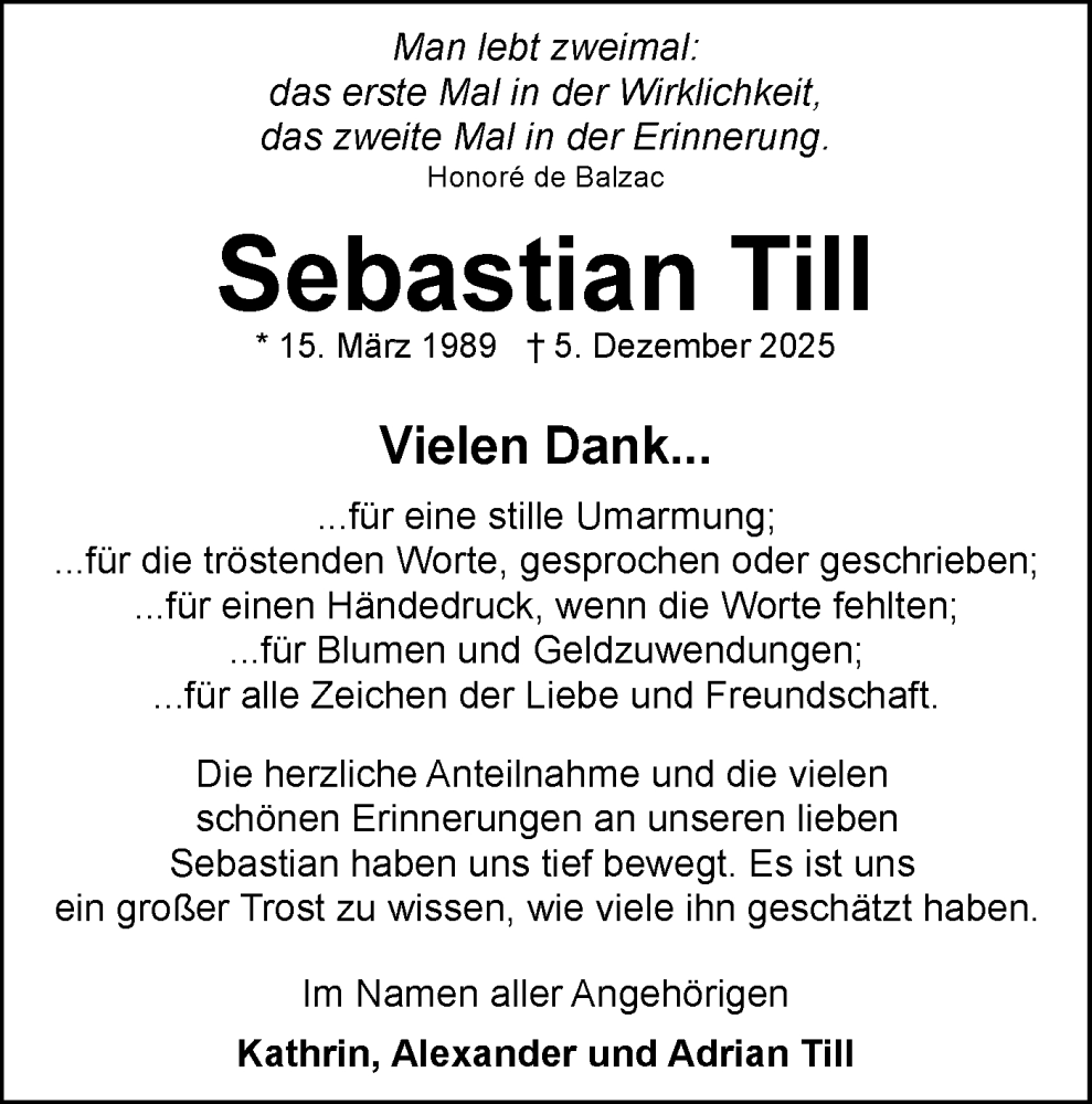  Traueranzeige für Sebastian Till vom 03.01.2026 aus Bietigheimer Zeitung