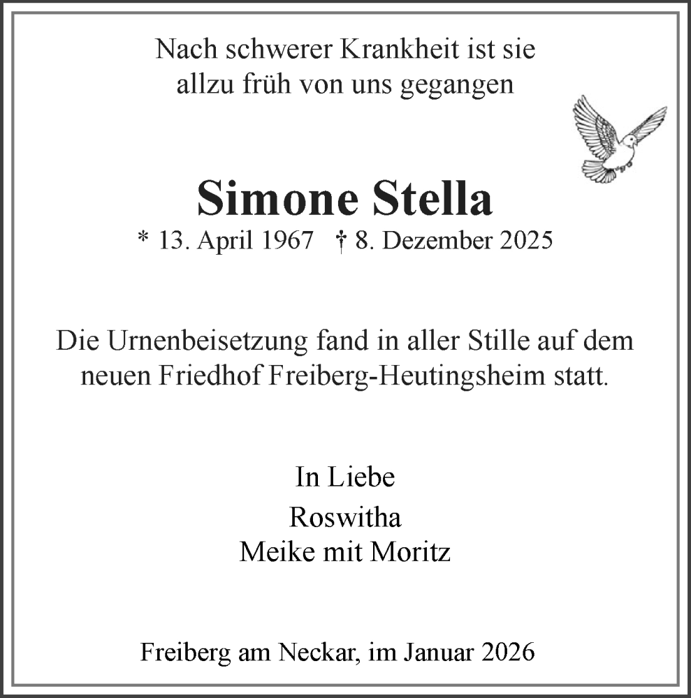  Traueranzeige für Simone Stella vom 10.01.2026 aus Bietigheimer Zeitung