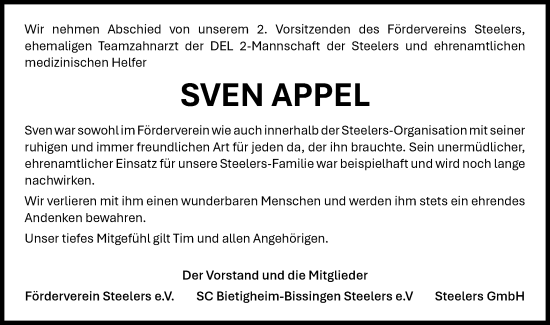 Traueranzeige von Sven Appel von Bietigheimer Zeitung