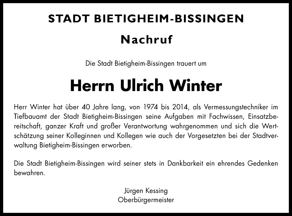  Traueranzeige für Ulrich Winter vom 09.01.2026 aus Bietigheimer Zeitung