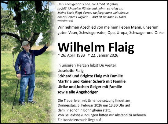 Traueranzeige von Wilhelm Flaig von Bietigheimer Zeitung
