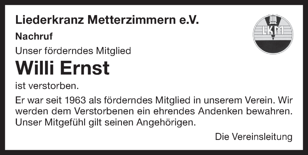  Traueranzeige für Willi Ernst vom 28.01.2026 aus Bietigheimer Zeitung