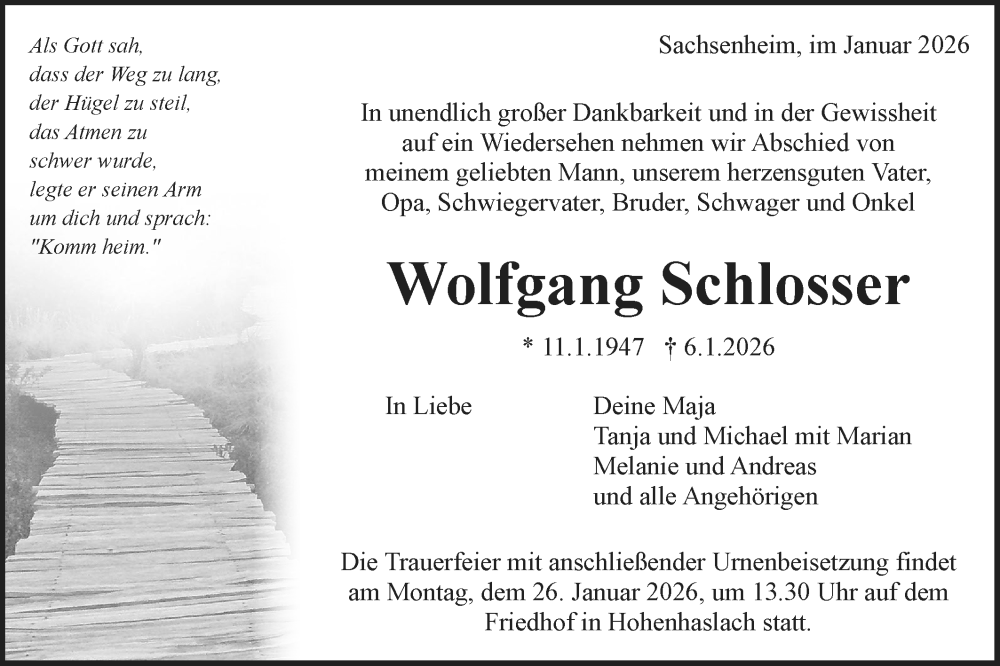  Traueranzeige für Wolfgang Schlosser vom 19.01.2026 aus Bietigheimer Zeitung