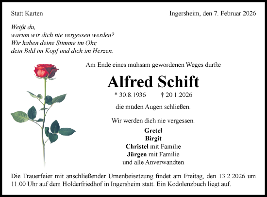 Traueranzeige von Alfred Schift von Bietigheimer Zeitung