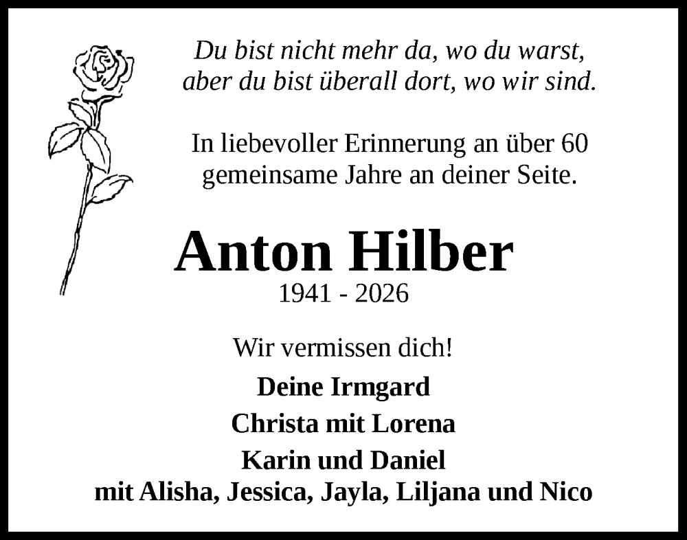  Traueranzeige für Anton Hilber vom 07.02.2026 aus Bietigheimer Zeitung