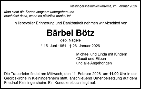 Traueranzeige von Bärbel Bötz von Bietigheimer Zeitung