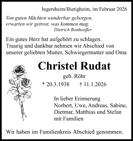 Traueranzeige von Christel Rudat von Bietigheimer Zeitung