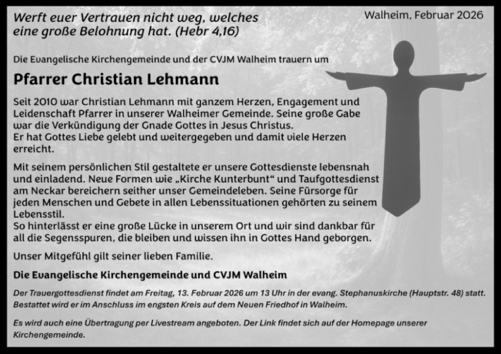  Traueranzeige für Christian Lehmann vom 10.02.2026 aus Bietigheimer Zeitung