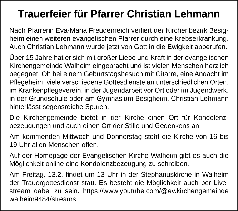  Traueranzeige für Christian Lehmann vom 11.02.2026 aus Bietigheimer Zeitung