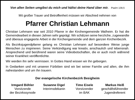 Traueranzeige von Christian Lehmann von Bietigheimer Zeitung