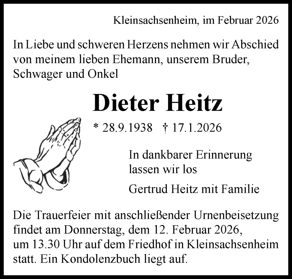  Traueranzeige für Dieter Heitz vom 09.02.2026 aus Bietigheimer Zeitung