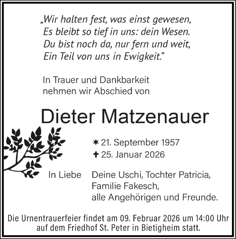  Traueranzeige für Dieter Matzenauer vom 04.02.2026 aus Bietigheimer Zeitung