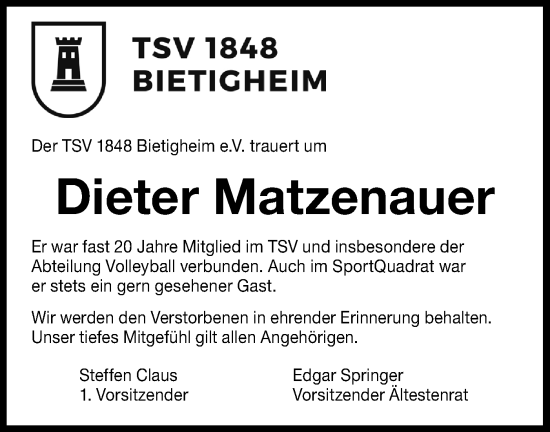 Traueranzeige von Dieter Matzenauer von Bietigheimer Zeitung