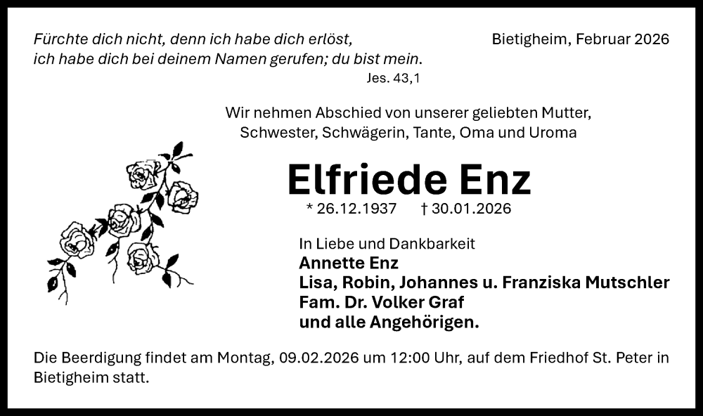  Traueranzeige für Elfriede Enz vom 06.02.2026 aus Bietigheimer Zeitung