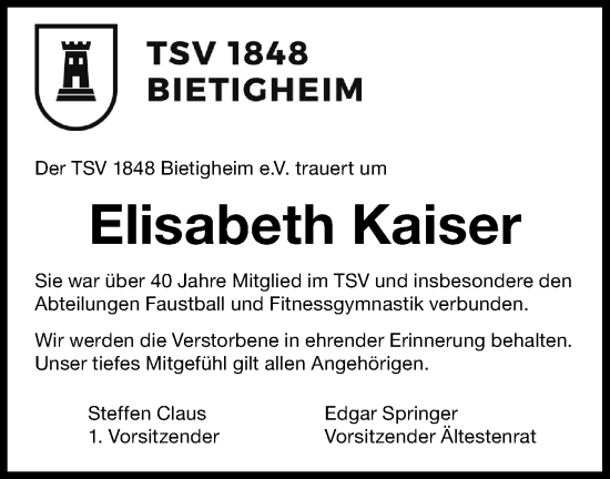 Traueranzeige von Elisabeth Kaiser von Bietigheimer Zeitung