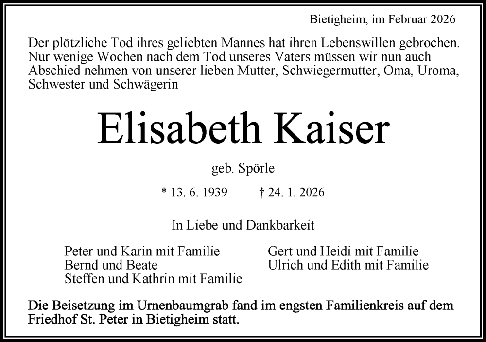  Traueranzeige für Elisabeth Kaiser vom 11.02.2026 aus Bietigheimer Zeitung