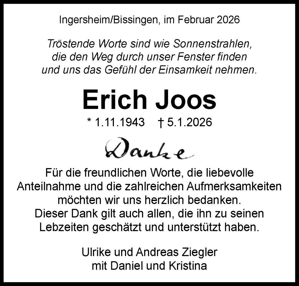  Traueranzeige für Erich Joos vom 05.02.2026 aus Bietigheimer Zeitung
