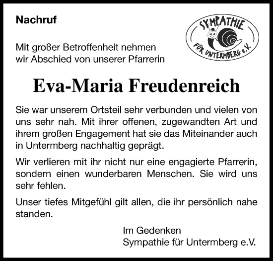Traueranzeige von Eva-Maria Freudenreich von Bietigheimer Zeitung