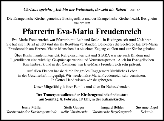Traueranzeige von Eva-Maria Freudenreich von Bietigheimer Zeitung