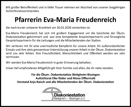 Traueranzeige von Eva-Maria Freudenreich von Bietigheimer Zeitung