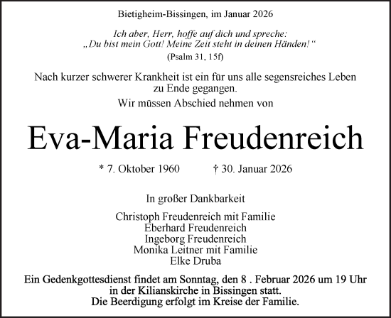 Traueranzeige von Eva-Maria Freudenreich von Bietigheimer Zeitung