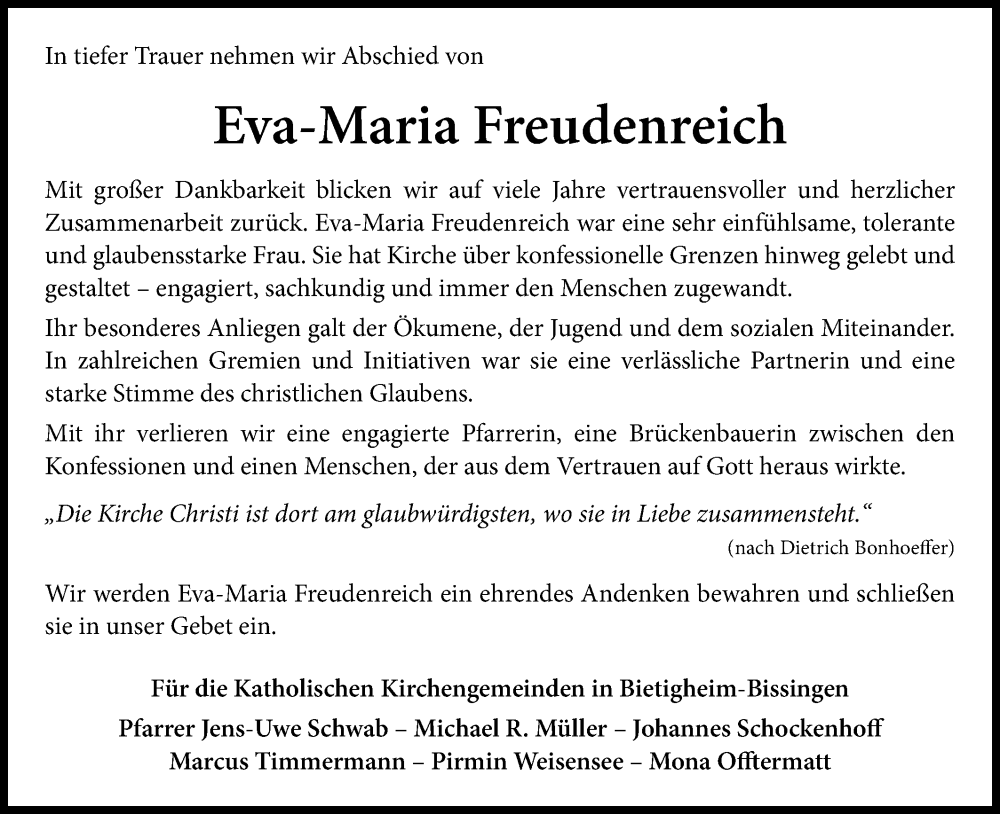  Traueranzeige für Eva-Maria Freudenreich vom 05.02.2026 aus Bietigheimer Zeitung