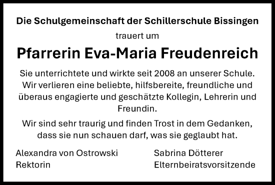Traueranzeige von Eva-Maria Freudenreich von Bietigheimer Zeitung
