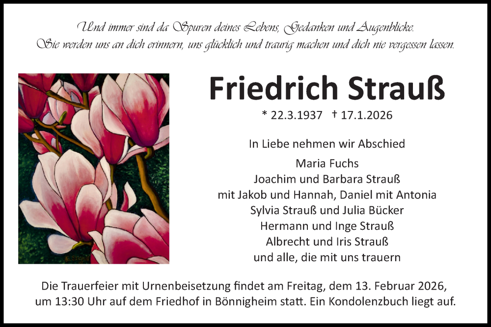  Traueranzeige für Friedrich Strauß vom 06.02.2026 aus Bietigheimer Zeitung