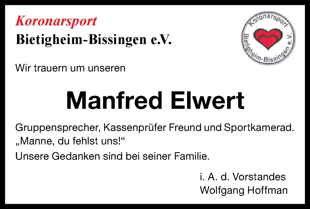  Traueranzeige für Manfred Elwert vom 24.02.2026 aus Bietigheimer Zeitung