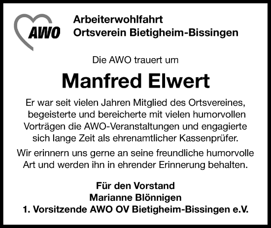 Traueranzeige von Manfred Elwert von Bietigheimer Zeitung