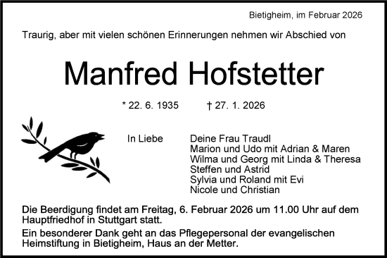 Traueranzeige von Manfred Hofstetter von Bietigheimer Zeitung