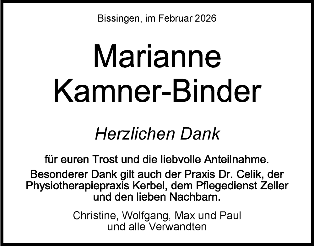  Traueranzeige für Marianne Kamner-Binder vom 06.02.2026 aus Bietigheimer Zeitung