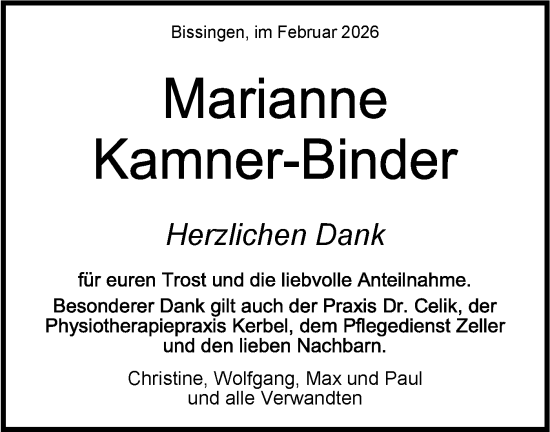 Traueranzeige von Marianne Kamner-Binder von Bietigheimer Zeitung