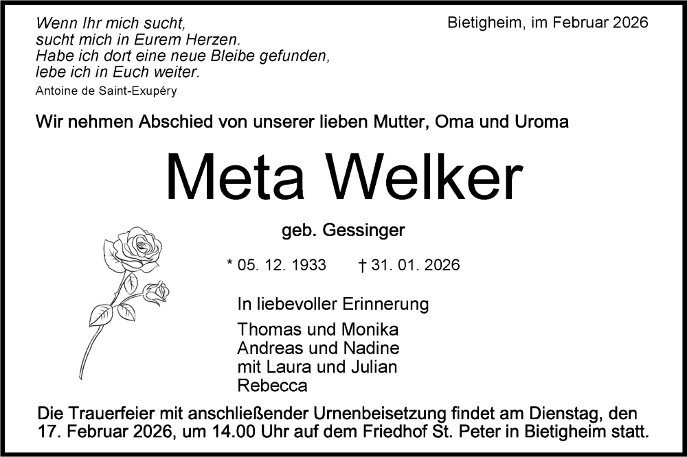 Traueranzeige für Meta Welker vom 13.02.2026 aus Bietigheimer Zeitung