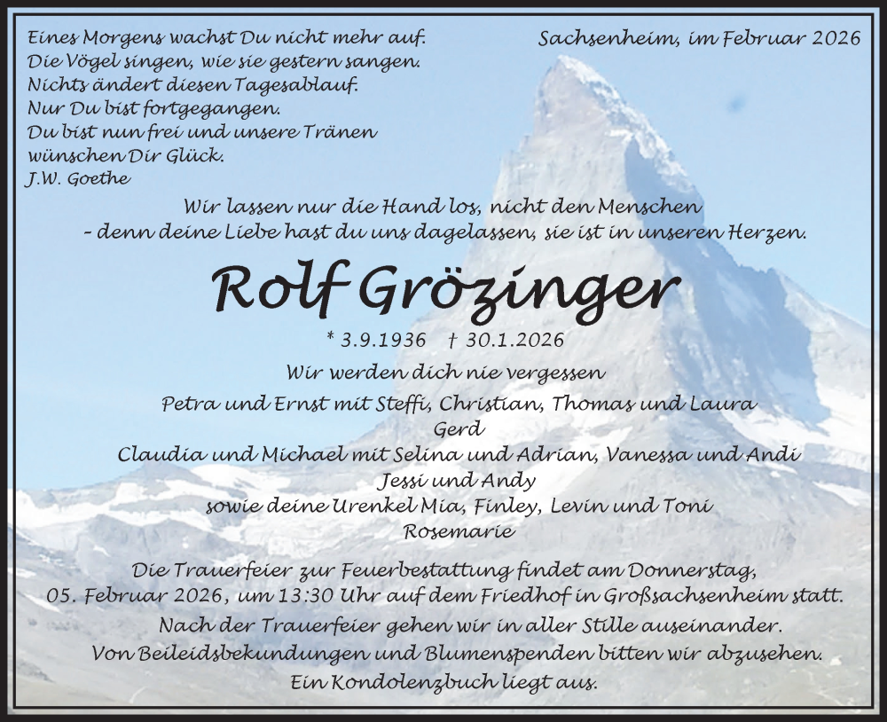  Traueranzeige für Rolf Grözinger vom 04.02.2026 aus Bietigheimer Zeitung